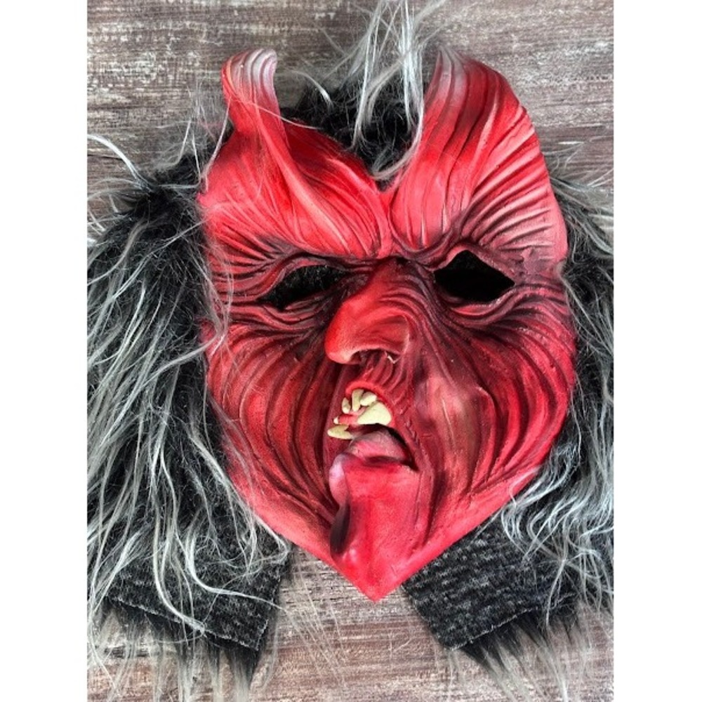 Vintage Red Devil Mask Furry Horned Halloween Costume Party Prop Evil